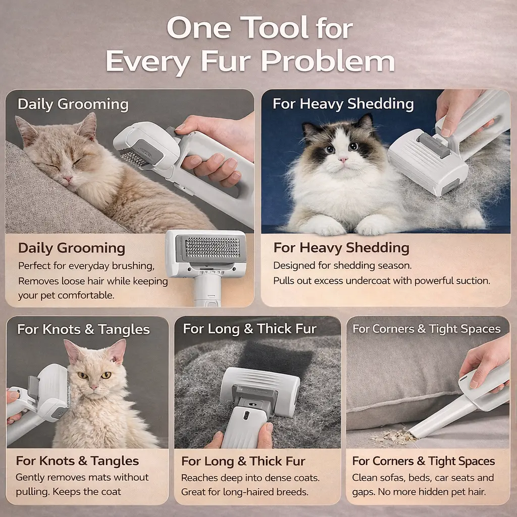 Cordless Pet Grooming Vacuum Kit for Dogs & Cats – 4-in-1 Deshedding Brush with Powerful Hair Suction | Quiet Pet Grooming Vacuum Cleaner | Removes Loose Fur, Mats & Pet Hair