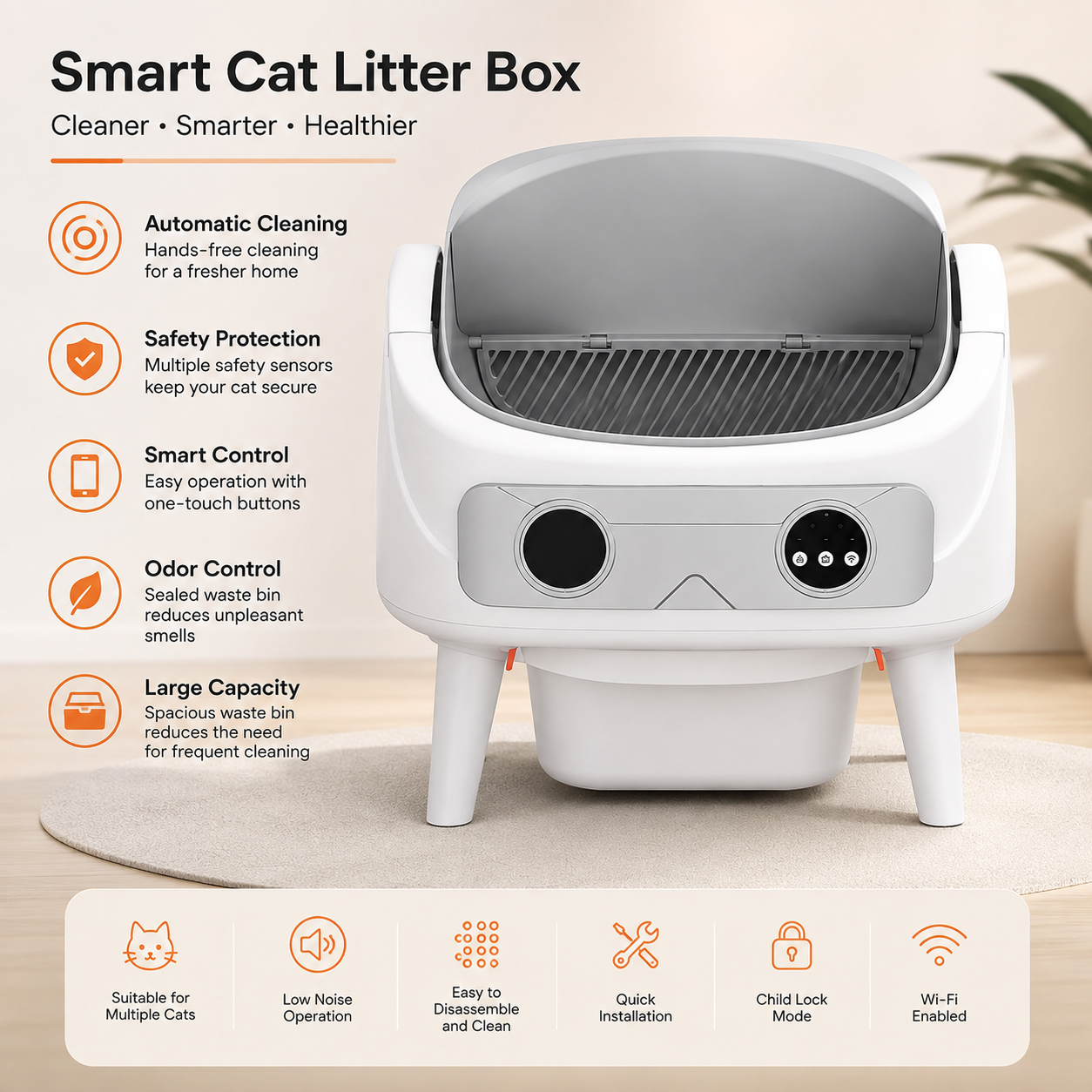 Smart Self-Cleaning Automatic Cat Litter Box with App Control | WiFi Connected | Odor Control | Large Capacity